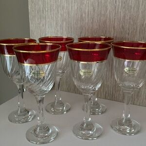 Art Decor Crystal Wine / water Glass with Gold / Red wide rim, set of 6